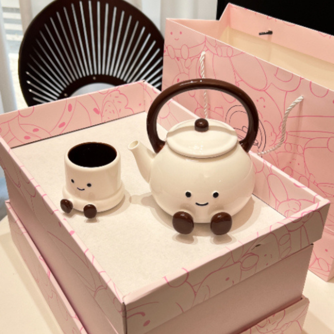 Smiley Choco Legs Ceramic Teapot Set with Cups
