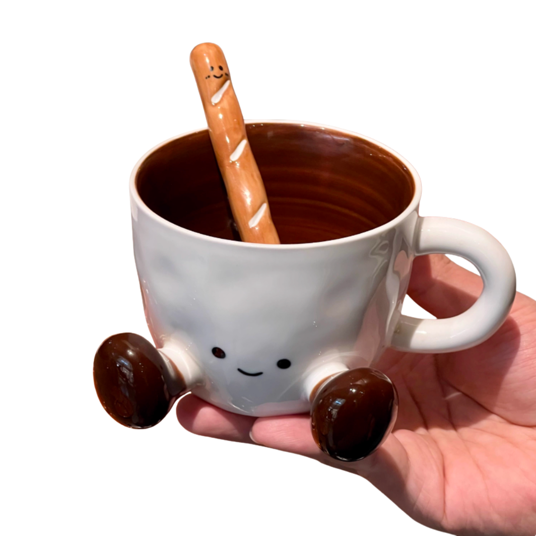 Smiley Choco Legs Mug Cute Ceramic Cup with Spoon