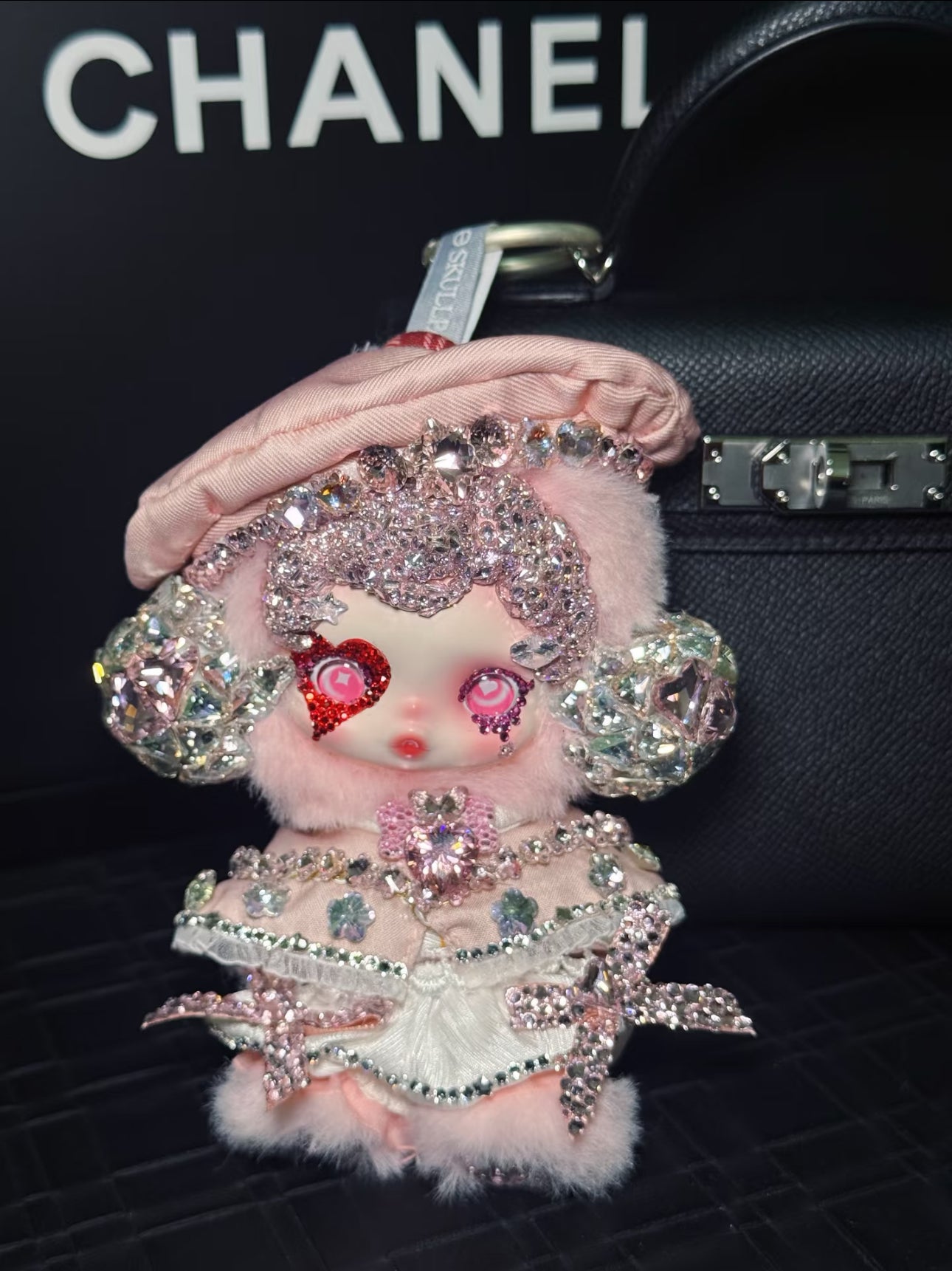 Authentic Pop Mart Skullpanda Pink Vinyl Plush Customized with Swarovski Crystals – Handmade Collectible