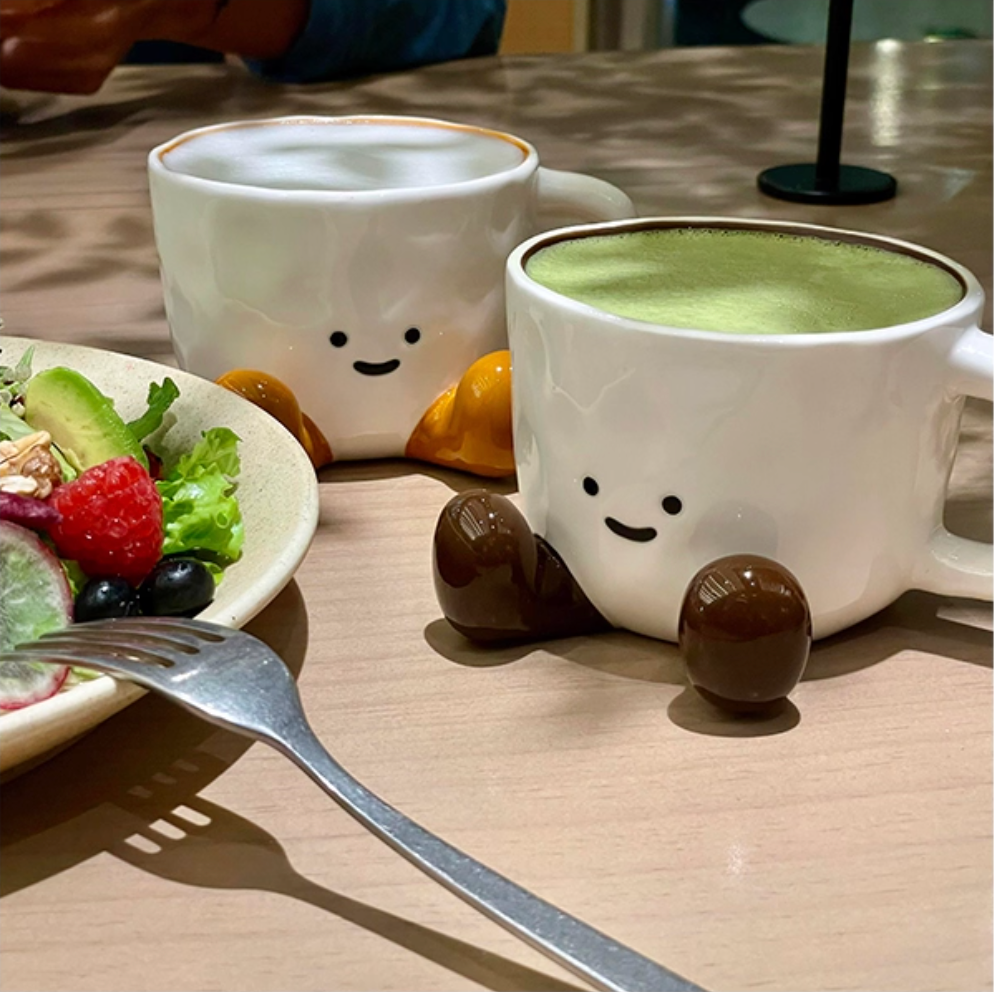 Smiley Choco Legs Mug Cute Ceramic Cup with Spoon