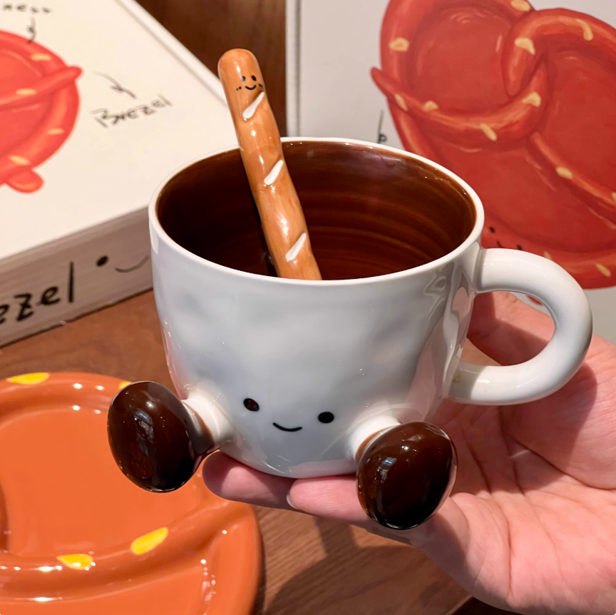 Smiley Choco Legs Mug Cute Ceramic Cup with Spoon