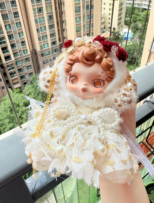 Skullpanda Rosé Royal Bloom – Handmade Pearl & Gold Lace Dress | Fits Skullpanda Plush V1 & V2