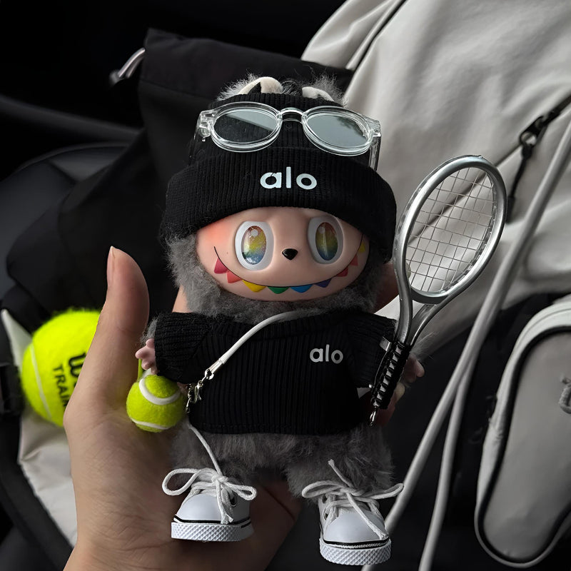 Labubu Grand Slam Style – Black Tennis Court Outfit | Fits 15cm/17cm Labubu