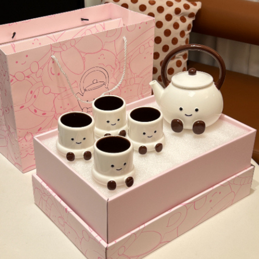 Smiley Choco Legs Ceramic Teapot Set with Cups
