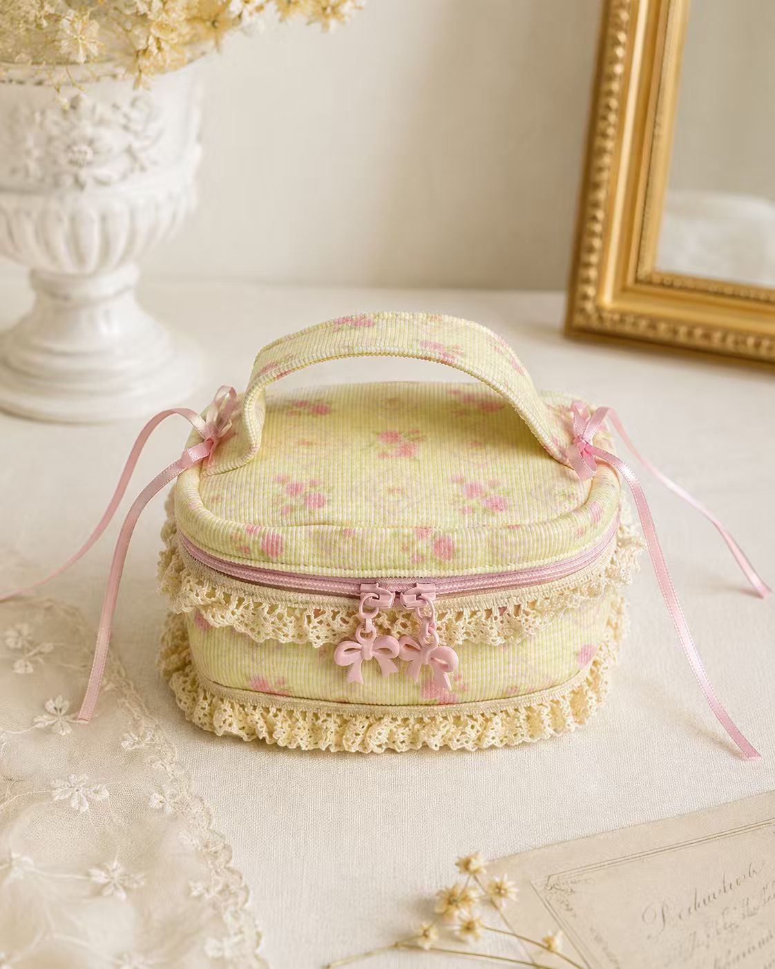 Cream Ribbon Rosette Handmade Mini Makeup Pouch