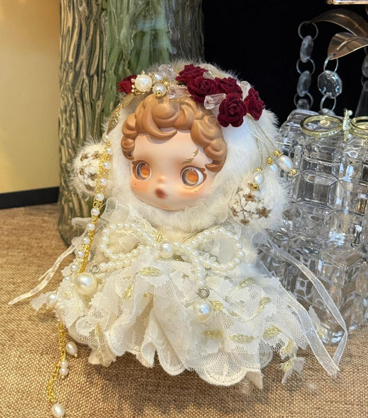 Skullpanda Rosé Royal Bloom – Handmade Pearl & Gold Lace Dress | Fits Skullpanda Plush V1 & V2