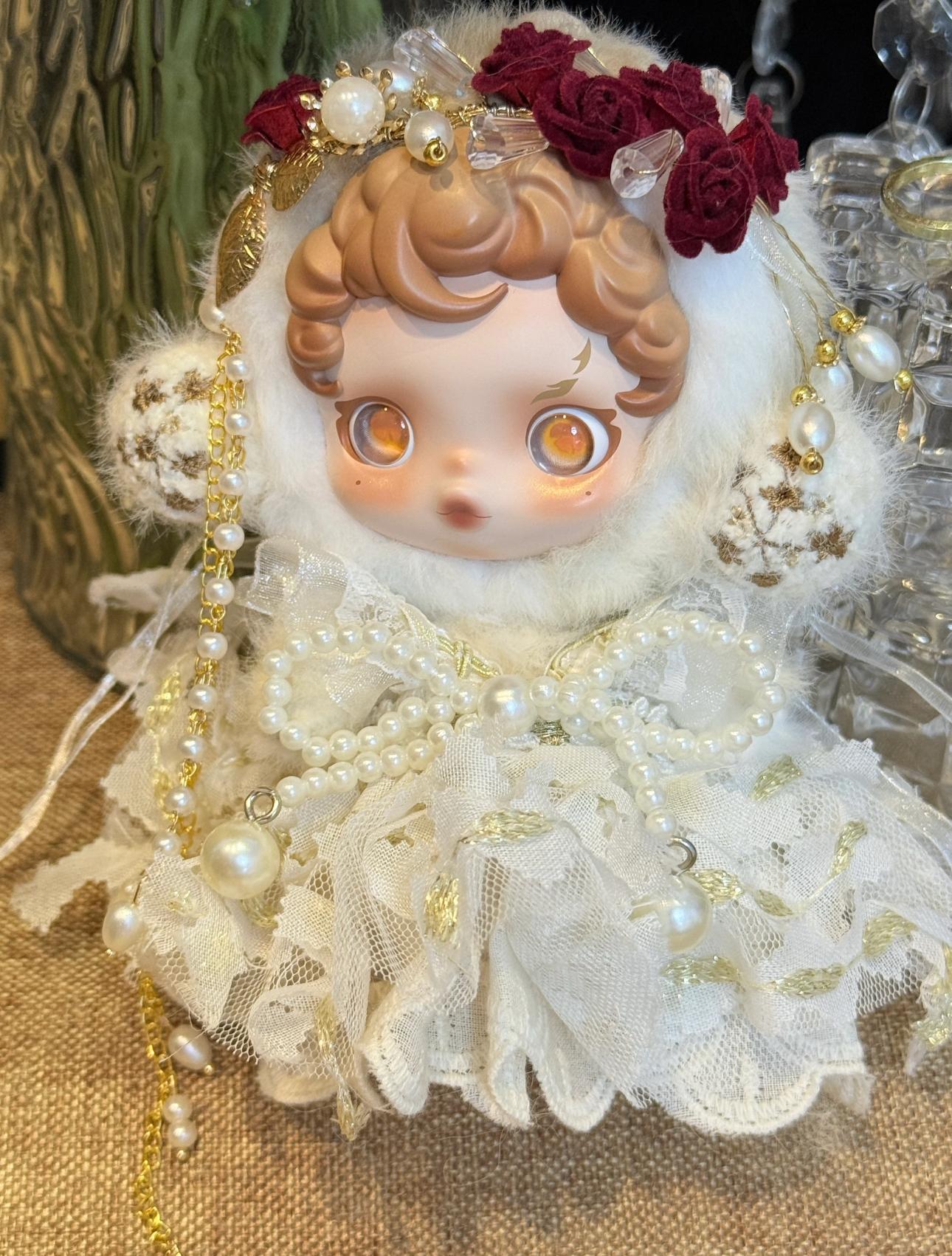 Skullpanda Rosé Royal Bloom – Handmade Pearl & Gold Lace Dress | Fits Skullpanda Plush V1 & V2