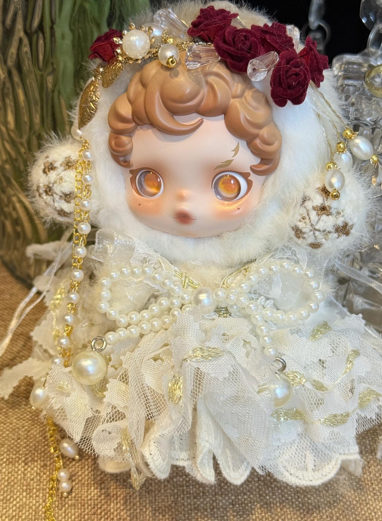 Skullpanda Rosé Royal Bloom – Handmade Pearl & Gold Lace Dress | Fits Skullpanda Plush V1 & V2